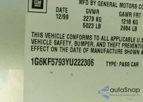 2000 Cadillac Deville Dts из США, поврежденный, VIN 1G6KF5793YU222306